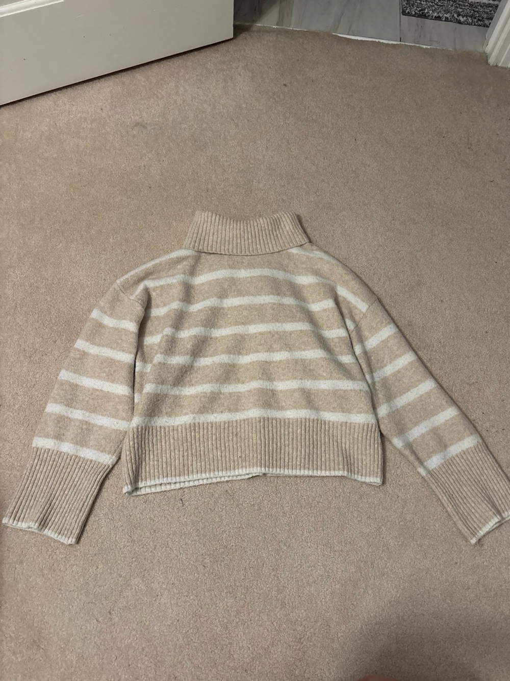 Time and Tru Beige & White Striped Cowl Neck Sweater